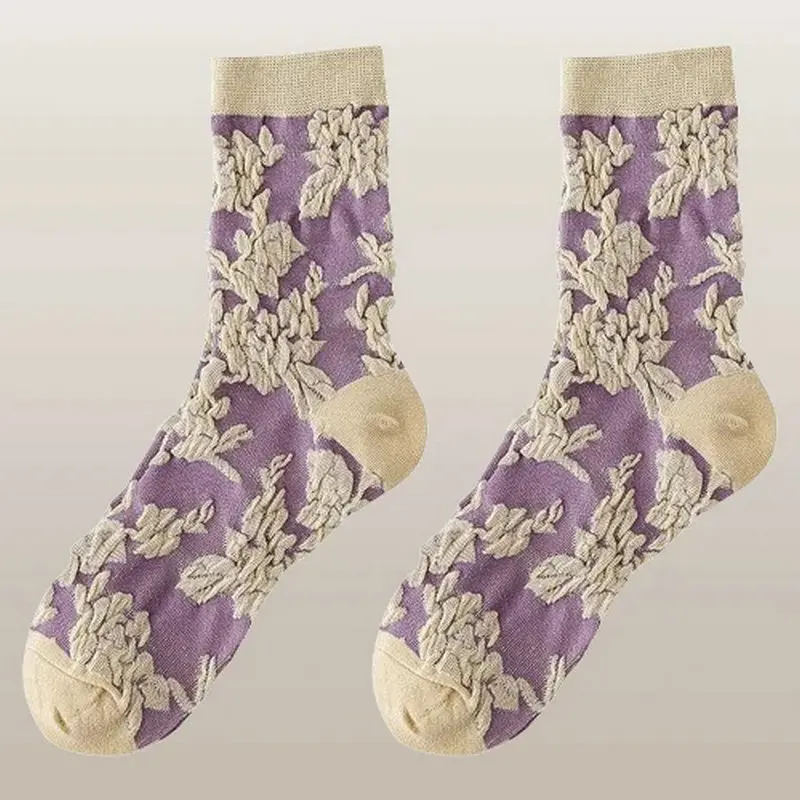 5/10 Pairs Small Flower Three-dimensional Relief Trendy All-match Personality Pattern Mid-tube Socks Retro Purple 2024 New Socks