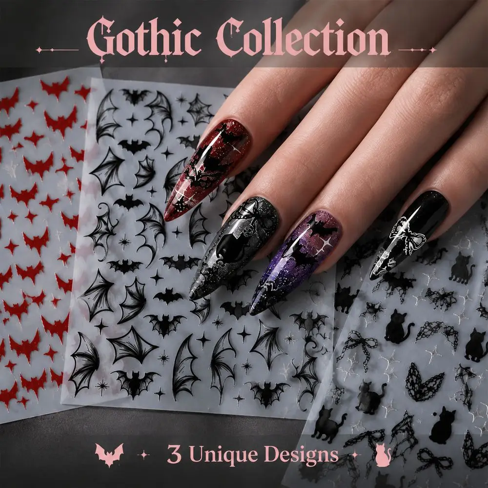 1Pc Portable Single Sheet Witchy Nail Stickers 3 Styles Red Glitter Bat Black Cat Lace Bow Travel DIY Nail Tool