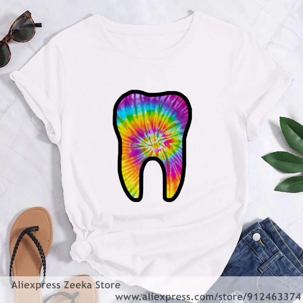 Tooth and Dentist Graphic Aesthetic  Women Funny Print Ladies T-shirt Girl Y2K Harajuku Basis O-collar White Shirt Short