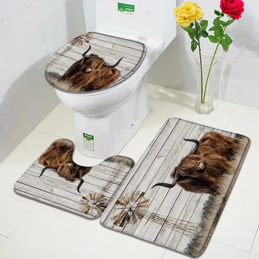 Rustic Highland Cattle Bath Mat Set Vintage Brown Wooden Plank Dutch Cow Farm Animal Bathroom Decor Non-Slip Rugs Toilet Cover