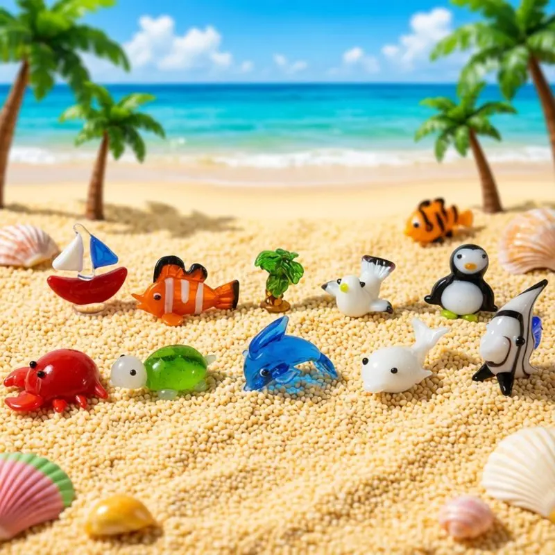 10pcs Murano Glass Figurine Sailboats, Clown Fish, Coconut Trees, Tropical Fish, Penguins, Crabs, Tortoises, Dolphins, Seagulls