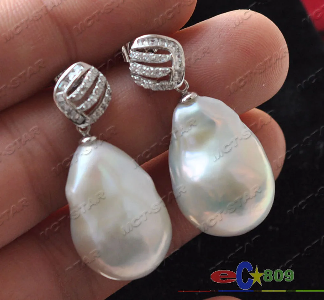 p3580 A++ PERFECT 20mm WHITE KESHI REBORN PEARL DANGLE EARRING