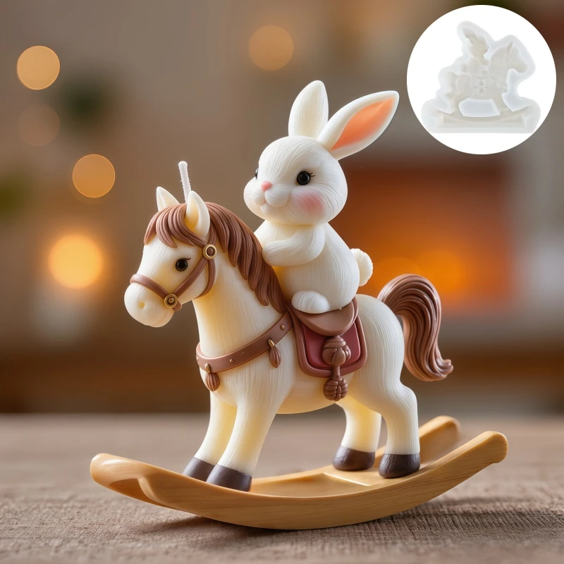 Cute rabbit riding rocking horse  candle silicone mold Easter rabbit riding rocking horse shaped resin  mold gypsum molds