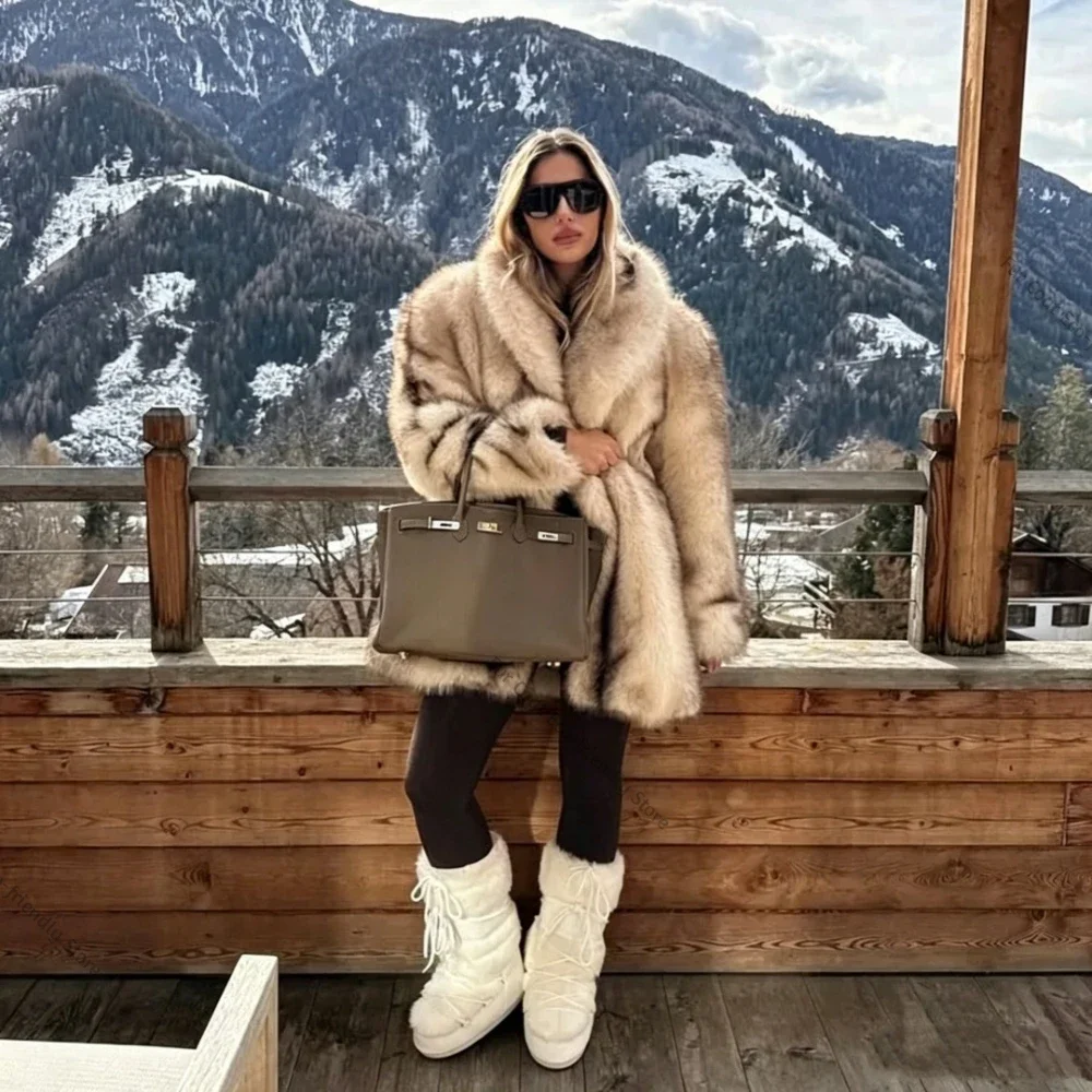 Women's Vintage  Fur Coat Stand Collar Oversized Belted Winter Warm Elegant Luxury Street Style Jacket