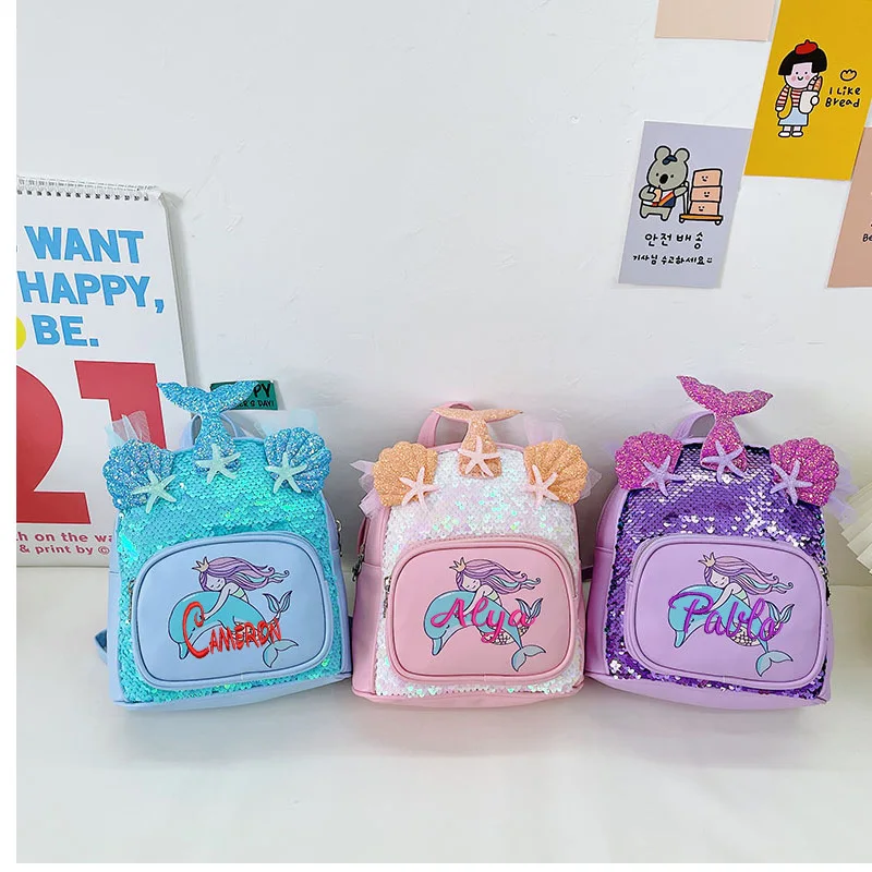 Personalized customization of new children\'s sequins, fashionable and foreign, cute backpack, mermaid girl kindergarten backpack