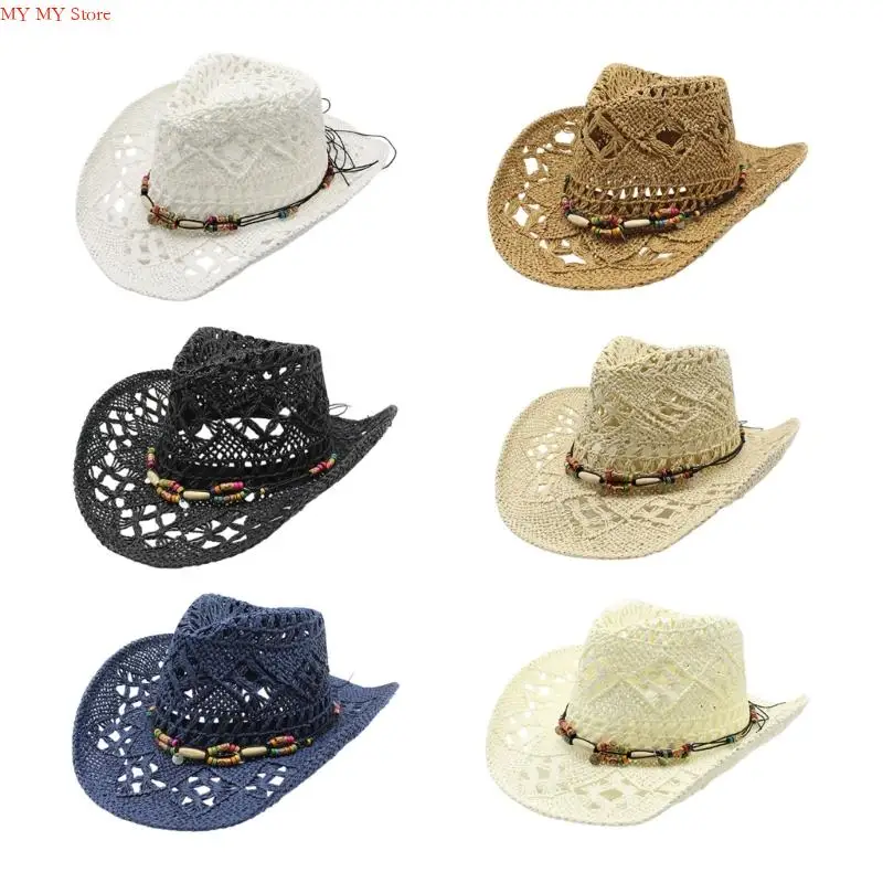

N1HE Western Sunproof Hat Washable Paper Straw Wide Brims Panama Hat for Beach Travel