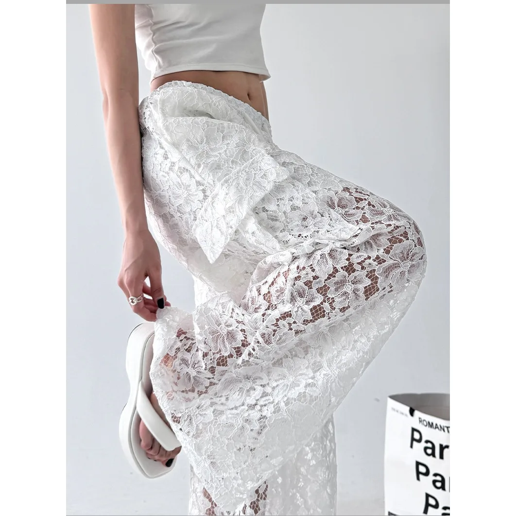 Pantalons d'épissure en dentelle pour femmes, pantalons larges américains pour filles, amples, rides, Style fin, grande taille, vêtements pour grosse fille, été