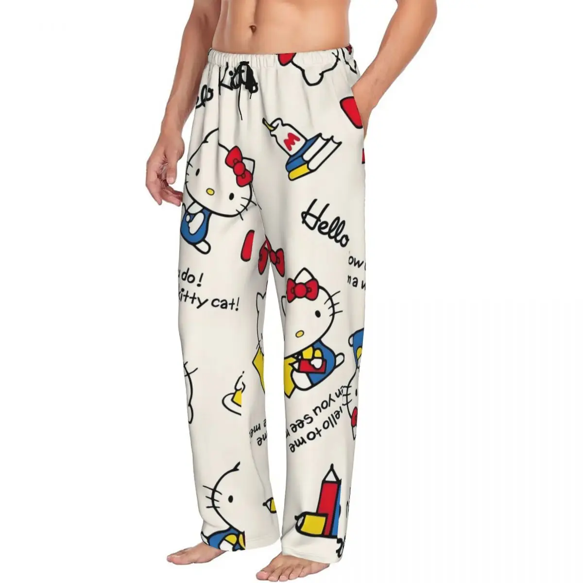 Custom Print Hello Kitty Pajama Pants Men's Cartoon Character Sleep Sleepwear Bottoms with Pockets