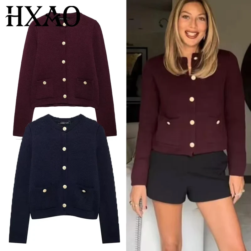 

HXAO женский вязаный кардиган, осенний свитер с длинными рукавами, трикотажные изделия, зимний укороченный кардиган на пуговицах, женский синий бордовый свитер