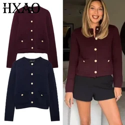 HXAO Women's Knit Cardigan Autumn Long Sleeve Sweater Jerseys Winter Button Cropped Cardigan Woman Blue Burgundy Sweater