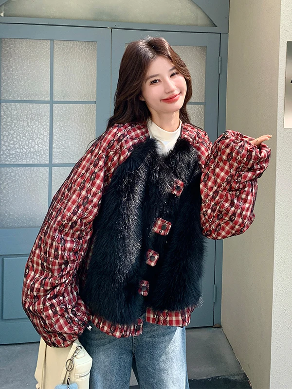 레드 플래드 플러피 여성용 패딩 재킷 2025년 신상 한국 스타일 루즈핏 따뜻한 화이트 다운 코트