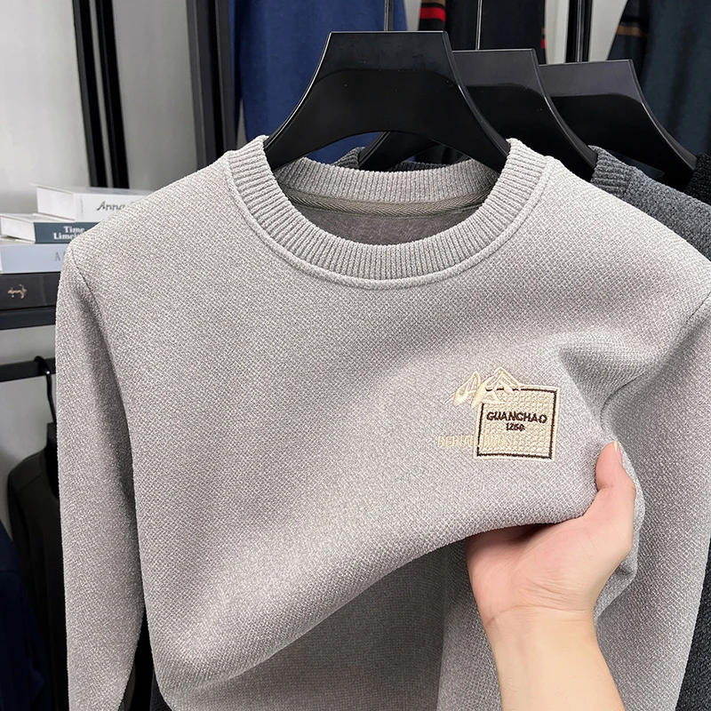 Designer Original Men's Fleece-Lined Thickened Knit Sweater Round Neck Long Sleeve Soft Warm Anti Pilling Casual Business Men's