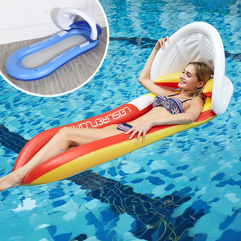 Nieuwe PVC opblaasbare drijvende hangmat met schaduwluifel - opvouwbare waterloungestoel voor volwassenen