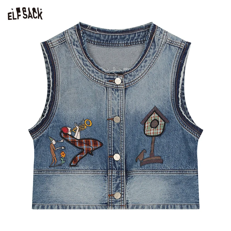 ELFSACK 2024 Summer New Arrivals Embroidered denim vest, vest, vest, women's vest Casual versatile outerwear vest top