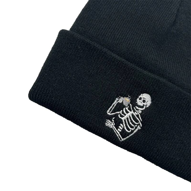 Fashion Embroidery Skull Knit Hat Warm Beanie Hat Hip Hop Outdoor Ski Cap Halloween Skeleton Drink Water Embroidery Hats