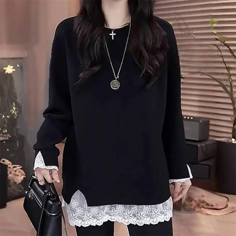 Sudadera coreana de cuello redondo a la moda para mujer, sudaderas con capucha de dos artículos falsos de encaje para mujer, Tops, camisa deportiva de ocio femenina para primavera y otoño