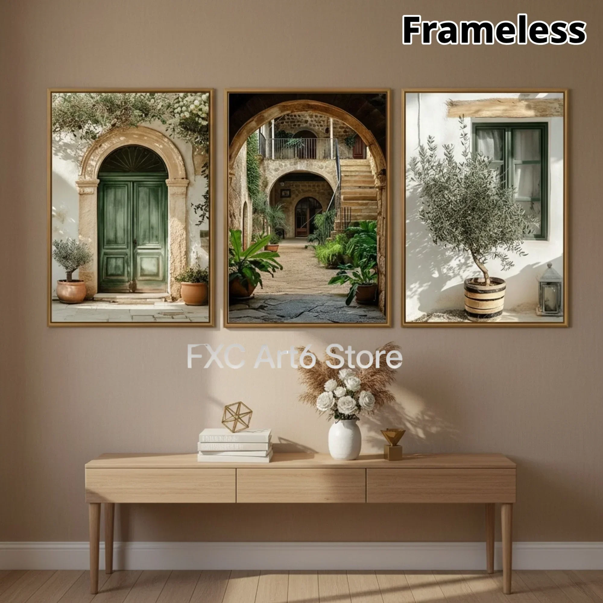 3PC frameless  Mediterranean Stone Arches Olive Tree Potted Plants Canvas Printing Retro Green Door Wall Art Posters for Home De