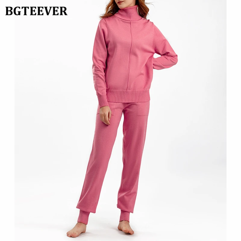 

BGTEEVER Autumn Winter Ladies Sweaters Set Long Sleeve Turtleneck Pullovers Ladies Drawstring Pants Women 2 Pieces Knitted Set