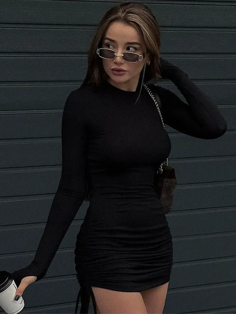 Women's Ruched O Neck Long Sleeve Black Dress Drawstring Bodycon Bandage Mini Autumn Fashion Sexy Casual Dresses