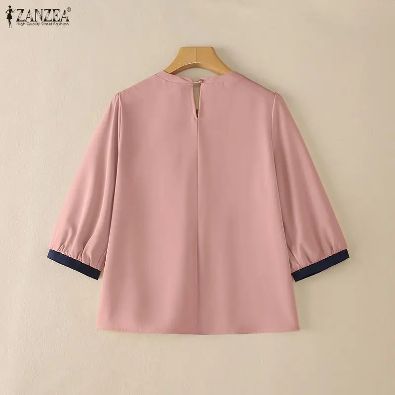 Woman Casual Contrast-Trim Blouses Gathered O-Neck 3/4 Sleeve Solid Color Tops ZANZEA 2026 Summer Everyday Wear Blusas de Mujer