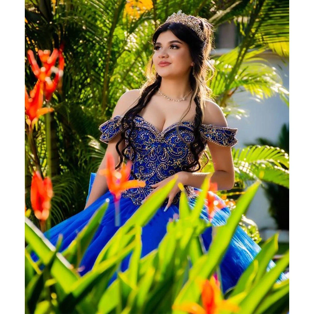 ANGELSBRIDEP-Robe de Rhde luxe bleu royal avec perles et nœud en cristal, robe de Quinceanera, appliques dorées, corset éducatif