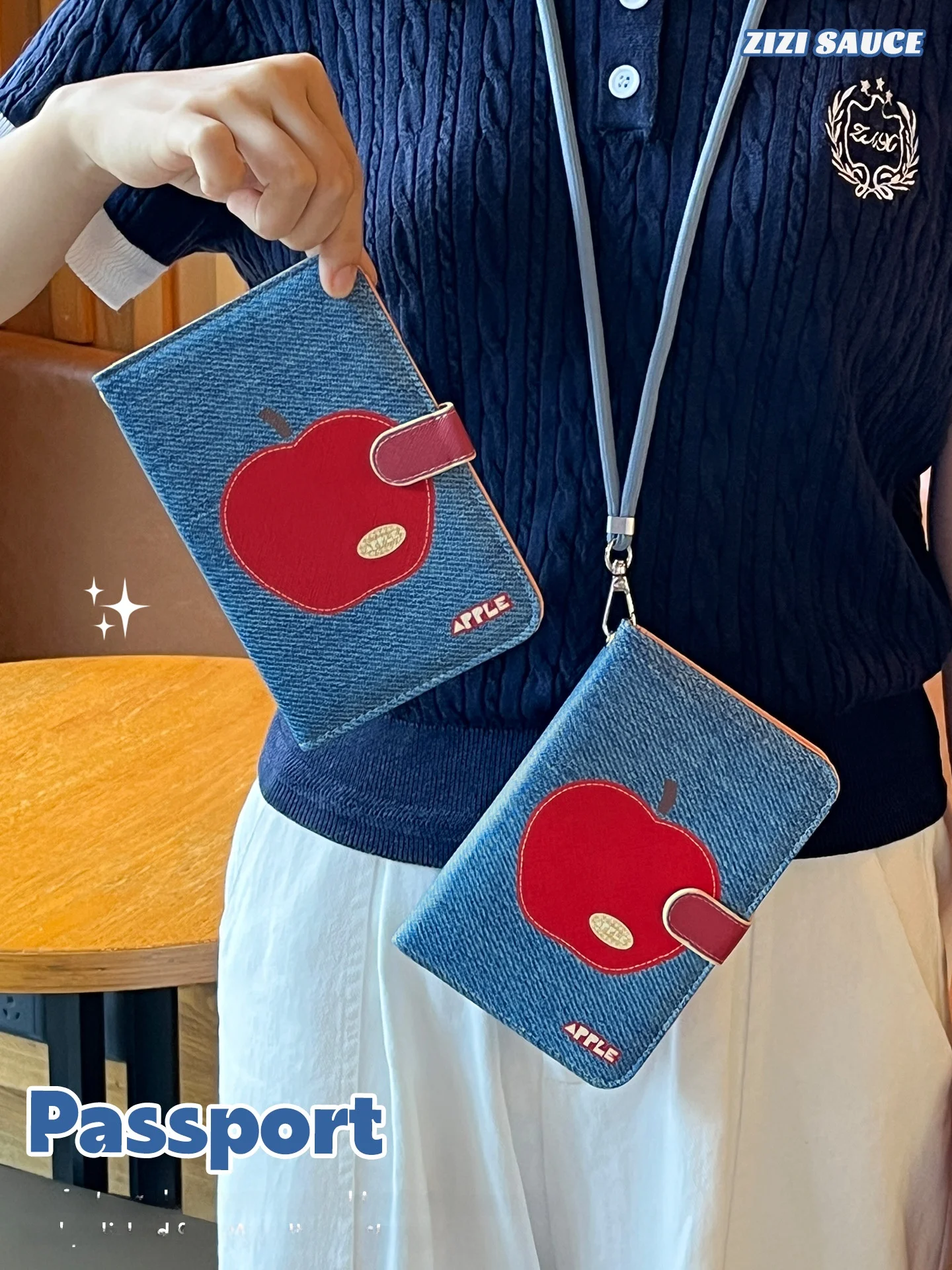 レザーパスポートホルダー-ドキュメントバッグ-多機能カードウォレット-旅行用ポータブル-カップル収納-チケット-デニム-アップルデザイン