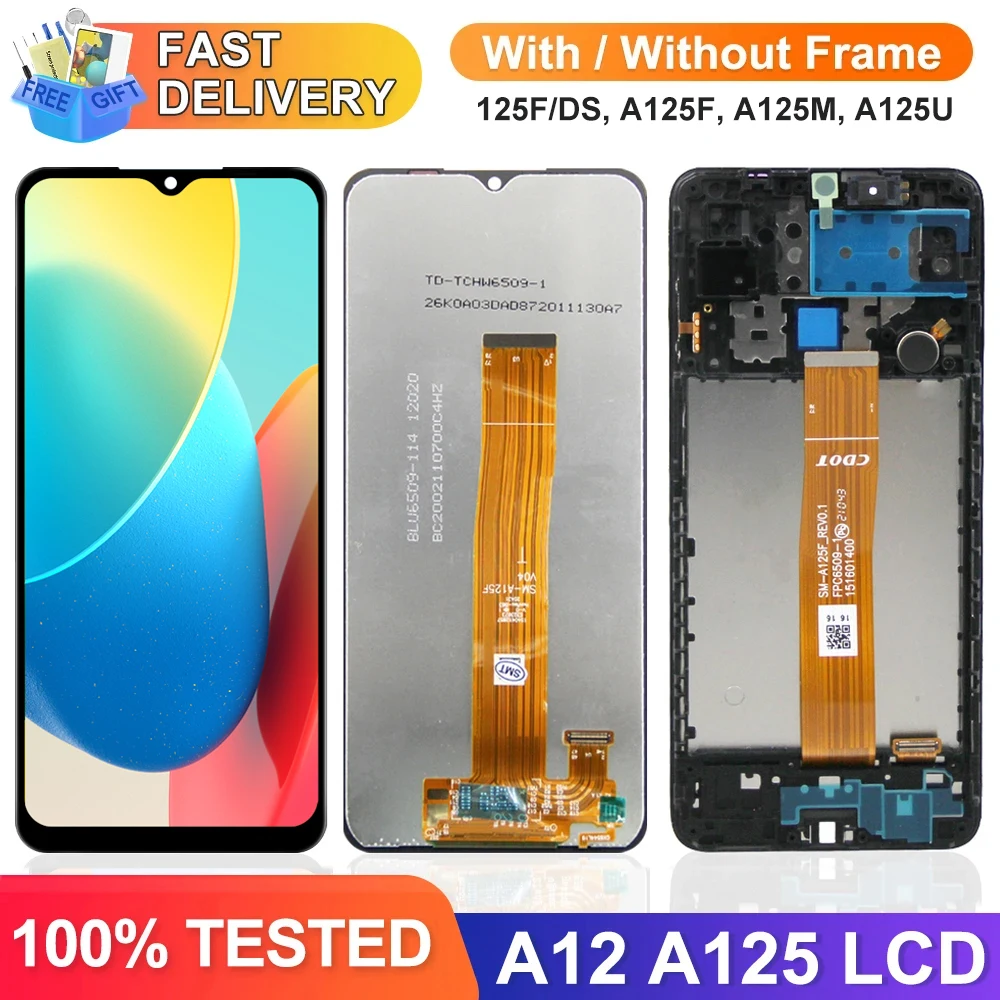 AMOLED A12 Display Screen for Samsung Galaxy A12 A125 A125F Lcd Display Touch Screen Digitizer With Frame Replacement