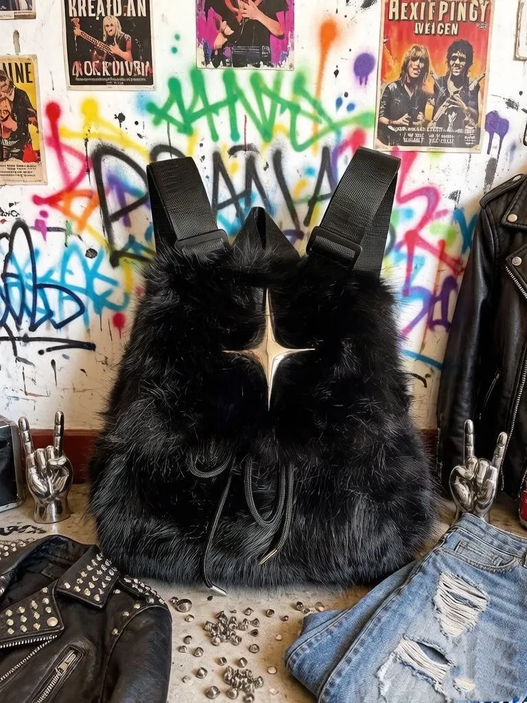 

Женские зимние рюкзаки из искусственного меха на шнурке, в стиле Y2K, рюкзаки Spice Girls, оригинальные плюшевые рюкзаки ручной работы