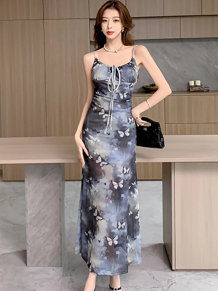 2024 New Print Bow Sexy Sling Long Prom Dress Women Boho Elegant Casual Holiday Dress Summer Korean Bodycon Luxury Evening Dress