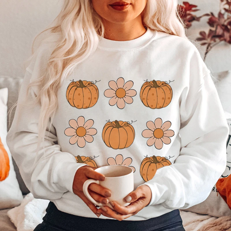 

Fall Pumpkin Flower Print Pullover Fashion Round Neck Tops Women Loose Hoodless Sweatshirt Long-sleeved Autumn Winter Sweatshirt