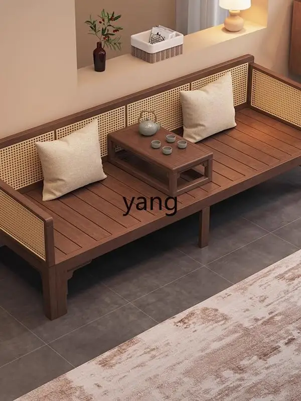 LTT solid wood push-pull Arhat bed new Chinese rattan double sofa medium antique living room small apartment