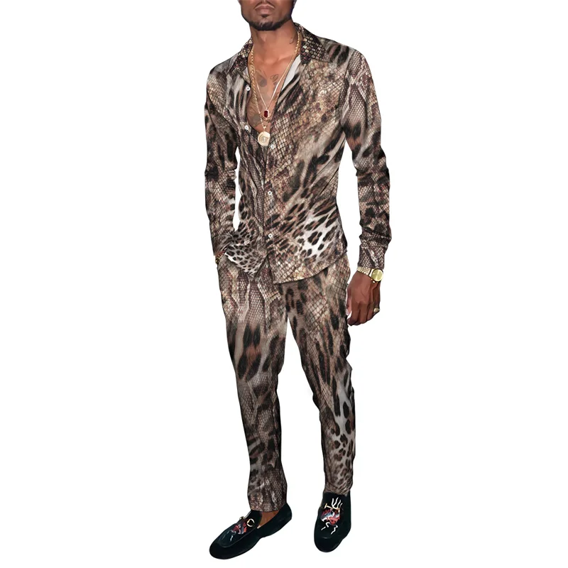 Traje de camisa hawaiana con estampado de leopardo en 3D para hombre, conjunto de 2 piezas a cuadros a rayas, camisa de manga larga transpirable, pantalones largos, trajes de dos piezas