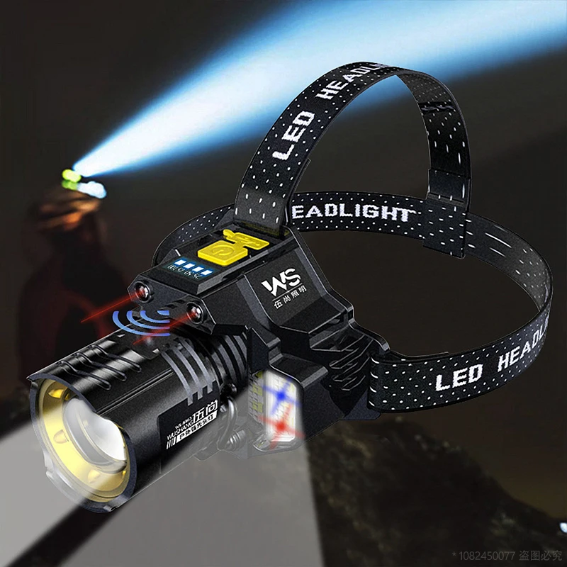 

Перезаряжаемый налобный фонарь с датчиком геста, масштабируемый налобный фонарь, светодиодный уличный сильный свет, 5 режимов, многофункциональная фара для кемпинга, рыбалки