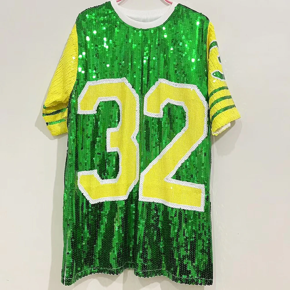 

Chi Eta Phi Yellow Green Hip Hop Women Loose Vintage Sorority Clothes Summer T Shirt Number 32 Sequin Apparel