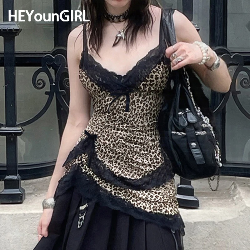 HEYounGIRL Y2K Streetwear Leopard Lace Patchwork Camis Top Gothic Style V-neck Bow Trim Tank Tops Fashion Aesthetic Vest Girls