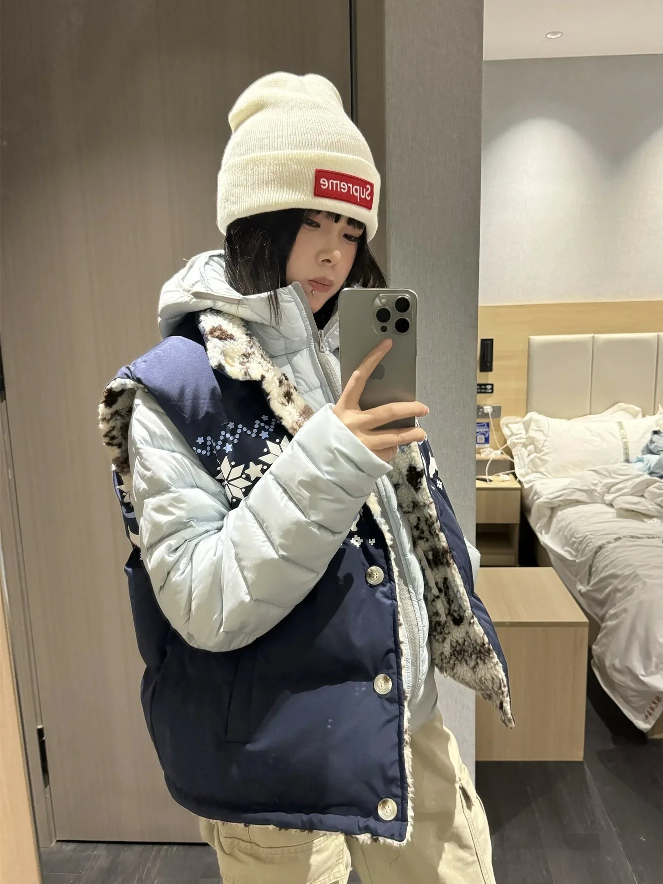 

Thiened Plaid Fce Vest Jaet Double-sided American Retro Design Men's Women's Winter Warm Cotton Coat Stand Collar