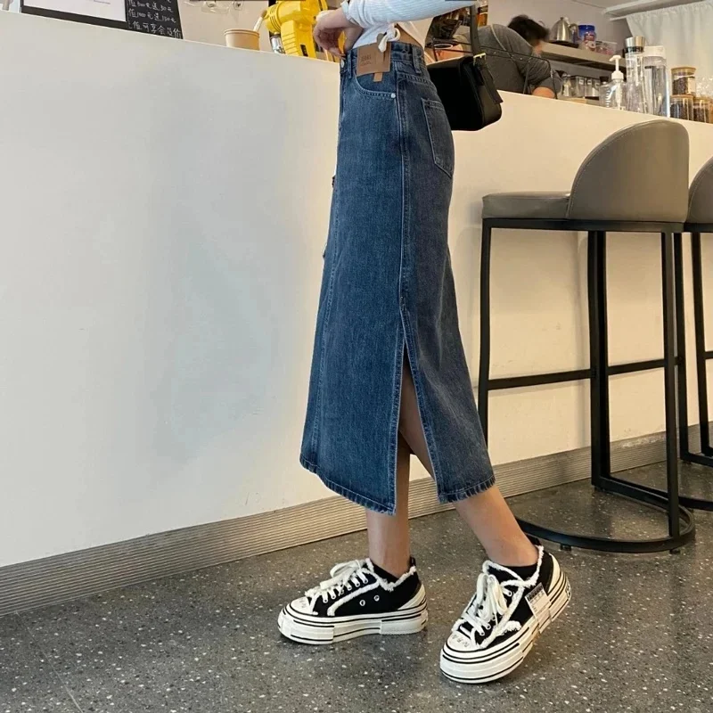 A-Line Mid Length Skirt Women's Summer And Autumn New High Waist Split Wrapped Hip High Quality Soft Denim Skirt 