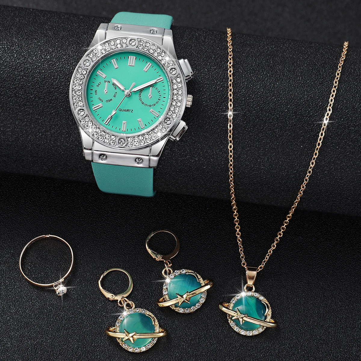 Women Green Leather Strap Quartz Watch Star Jewlery Set 4pcs