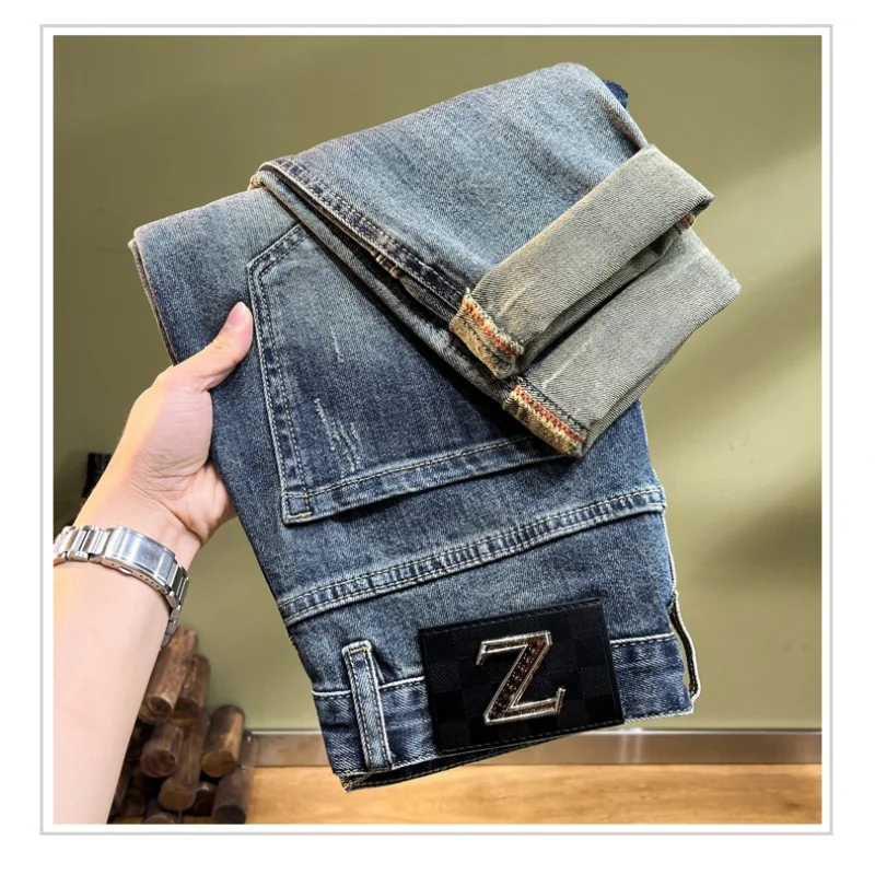 Personalized fashion street splicing patch biker men's jeans trendy casual retro stretch slim tight men's pants