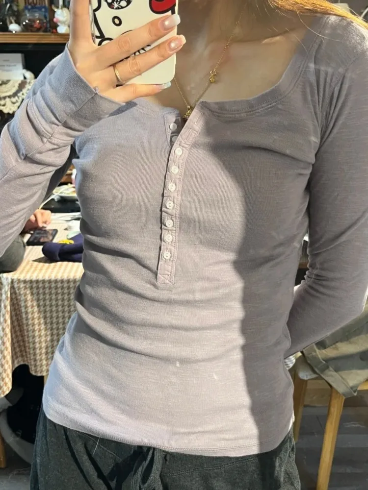 

Purple Buttons T-shirts Women Spring Cotton Casual Chic Preppy Style Long Sleeve Tees Sweet Simple Basic T Shirt
