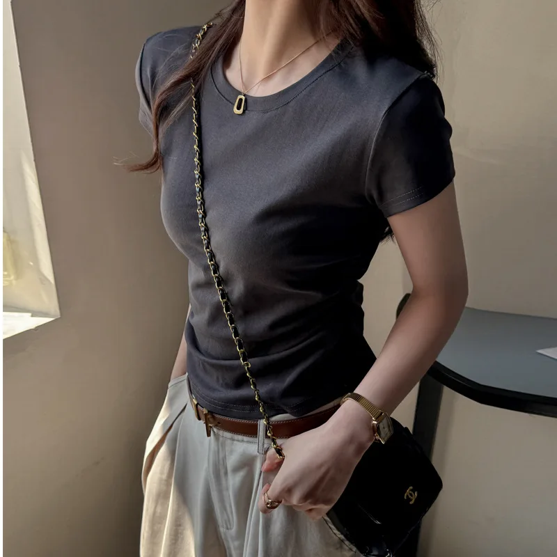 

Short-sleeved T-shirt Women's Side Pleated Slim-fit Bottoming Shirt Summer Top
