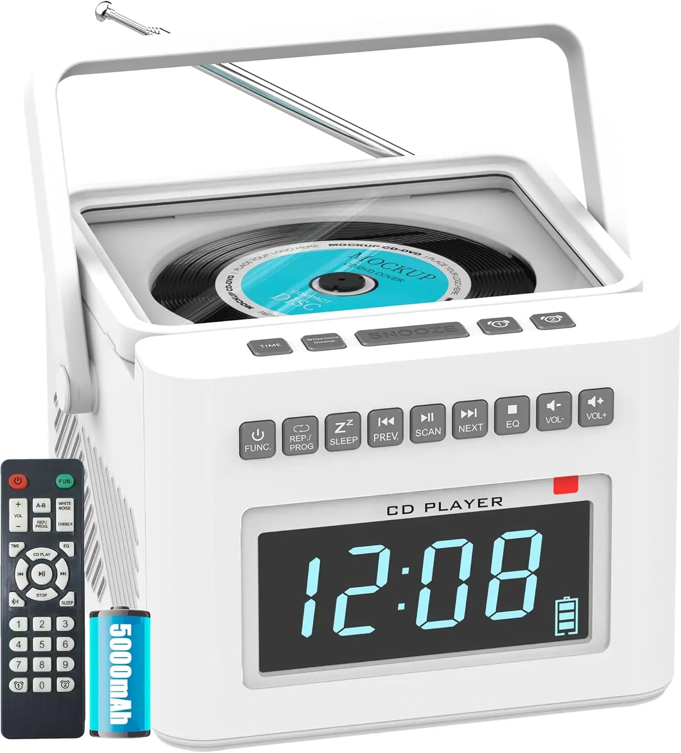 Rechargeable CD Player Alarm Clock with 8 White Noise Machine, Bluetooth Boombox Clock Radio with Remote Control