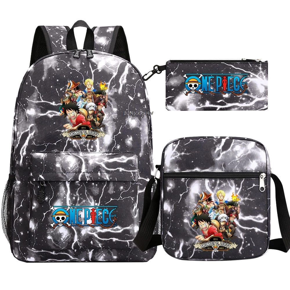 3Pcs Anime One Piece Luffy Boy Girl Kids School Book Bag Travel Backpack Shoulder Bag Pen Bag Men Women