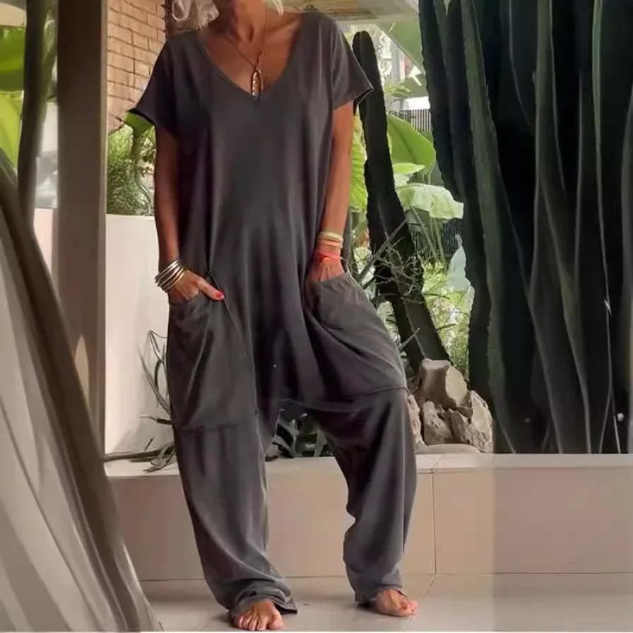 Loose Solid Color Jumpsuits Fashion Casual Women's Clothing 2025 Spring Summer New V-neck Short Sleeved Large Pocket Jumpsuits