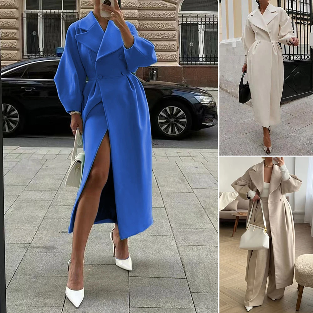 

UNIKTEE Women's Long Sleeve Lapel Coat Open Front Button Detail Nipped Waist Design for Autumn Winter Daily Wear Mature Style