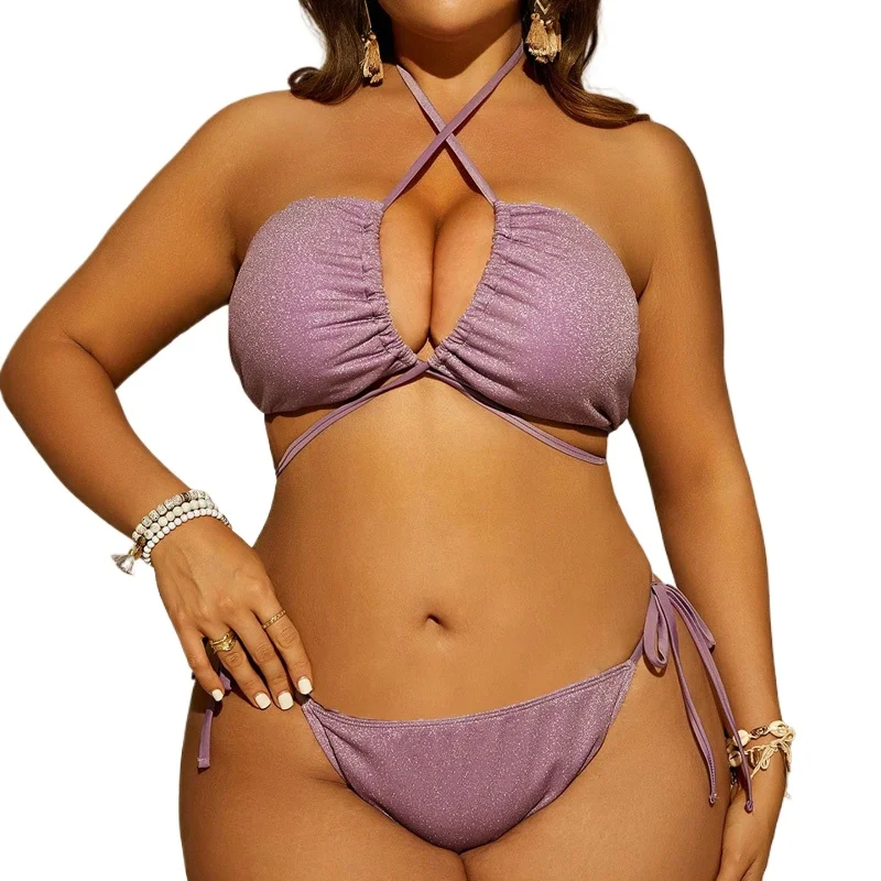 

Genuine Plus Size Swimsuit Bikini, Sexy Three-point Gold Powder Lavender Three-piece Set, Seaside Vacation Strap Clothign Set