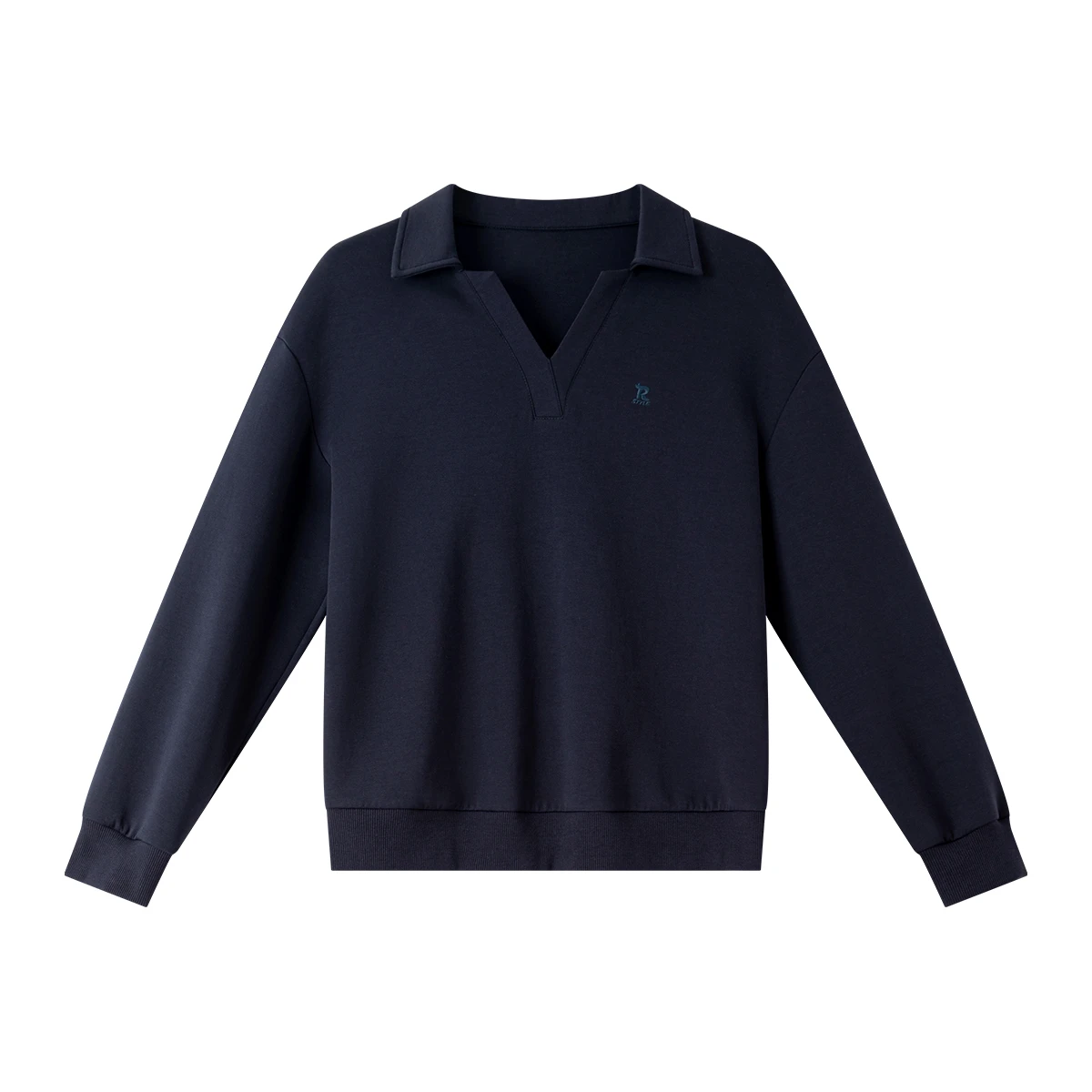 VIMLY Navy Blue Women's Sweatshirts 2025 Autumn Embroider Letter V-neck Turn-down Long Sleeve Thin Knitted Woman Pullovers A2057