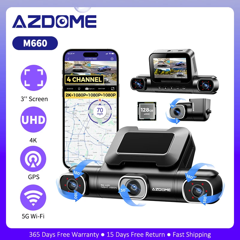 AZDOME M660 Car DVR 4 Channel 360° Dash Cam Front Rear Inside 128G EMMC WIFI GPS Dash Camera for Cars 2.5K+1K+1K+1K Parking Mode