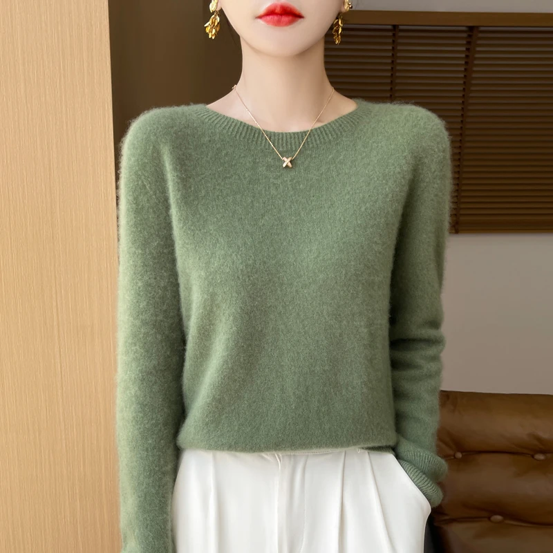 100% Merino sweter damski w jednolitym kolorze jesień i zima nowy jednolity kolor O-neck długi rękaw ciepły modny luźny sweter z dzianiny
