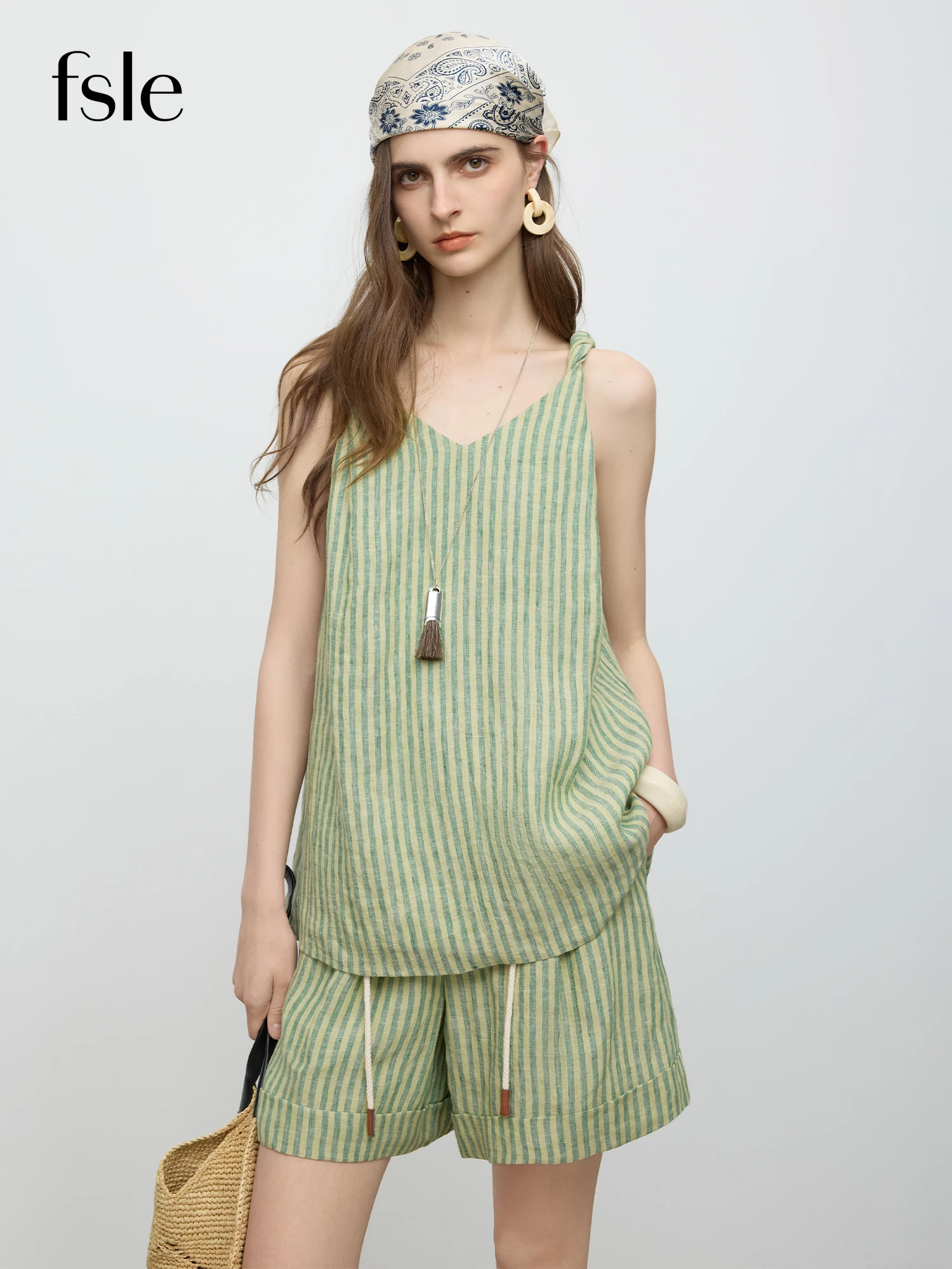 

FSLE【Premium Series】Linen Striped Top Shorts Suit Women Summer 2025 New 25FE12070+25FE12071